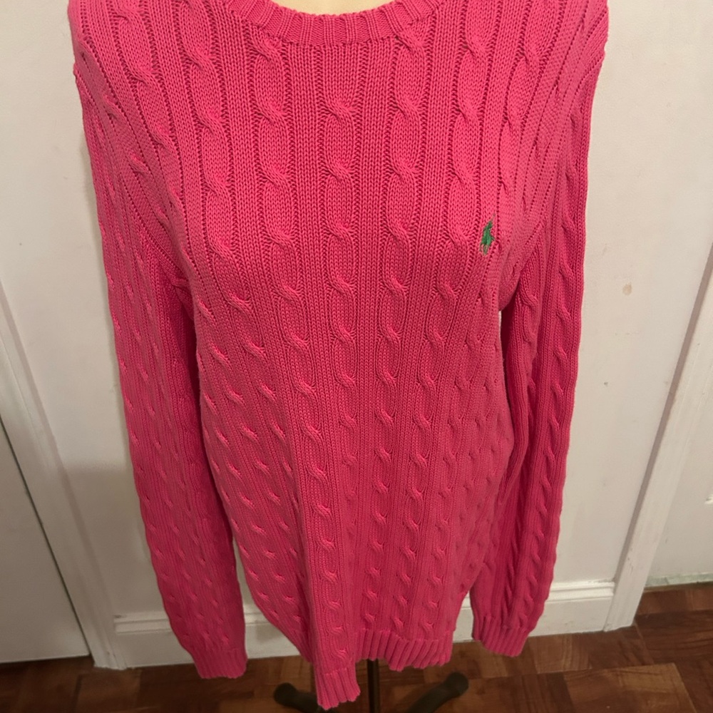 Ralph Lauren Vibrant Pink Cable Knit Sweater  fuchsia pink. Ribbed cuff and hem.